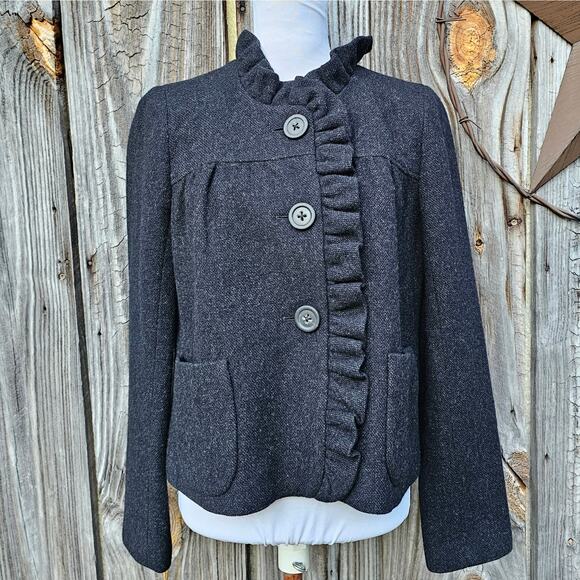 Tweed Ruffle Front Blazer Dark Charcoal Wool Jacket J. CREW Fiona Size 6 Pockets - Picture 2 of 9